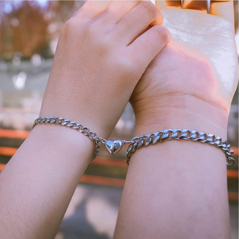 VELESAY 1Paire Couple Chaine Acier Inoxydable Bracelet Connecté Magnétique Bracelet Couple Amoureux pour 2 Link Chain Bracelets