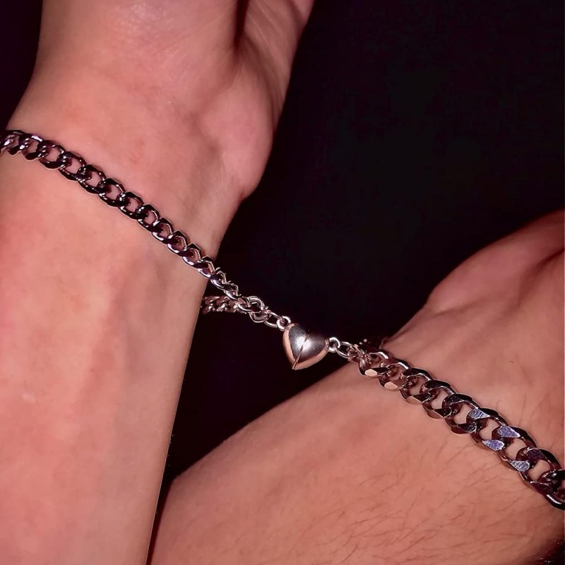 VELESAY 1Paire Couple Chaine Acier Inoxydable Bracelet Connecté Magnétique Bracelet Couple Amoureux pour 2 Link Chain Bracelets
