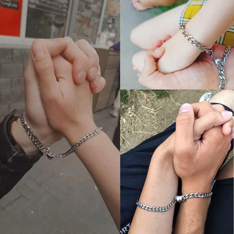 VELESAY 1Paire Couple Chaine Acier Inoxydable Bracelet Connecté Magnétique Bracelet Couple Amoureux pour 2 Link Chain Bracelets