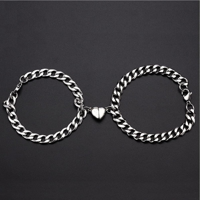 VELESAY 1Paire Couple Chaine Acier Inoxydable Bracelet Connecté Magnétique Bracelet Couple Amoureux pour 2 Link Chain Bracelets