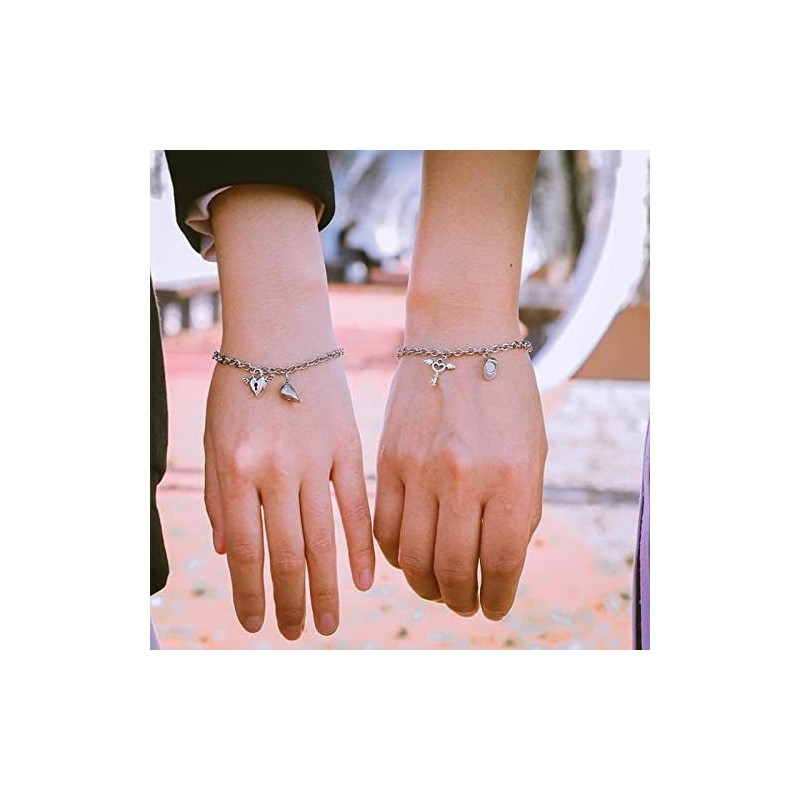 VELESAY 1Paire Couple Chaine Acier Inoxydable Bracelet Connecté Magnétique Bracelet Couple Amoureux pour 2 Link Chain Bracelets
